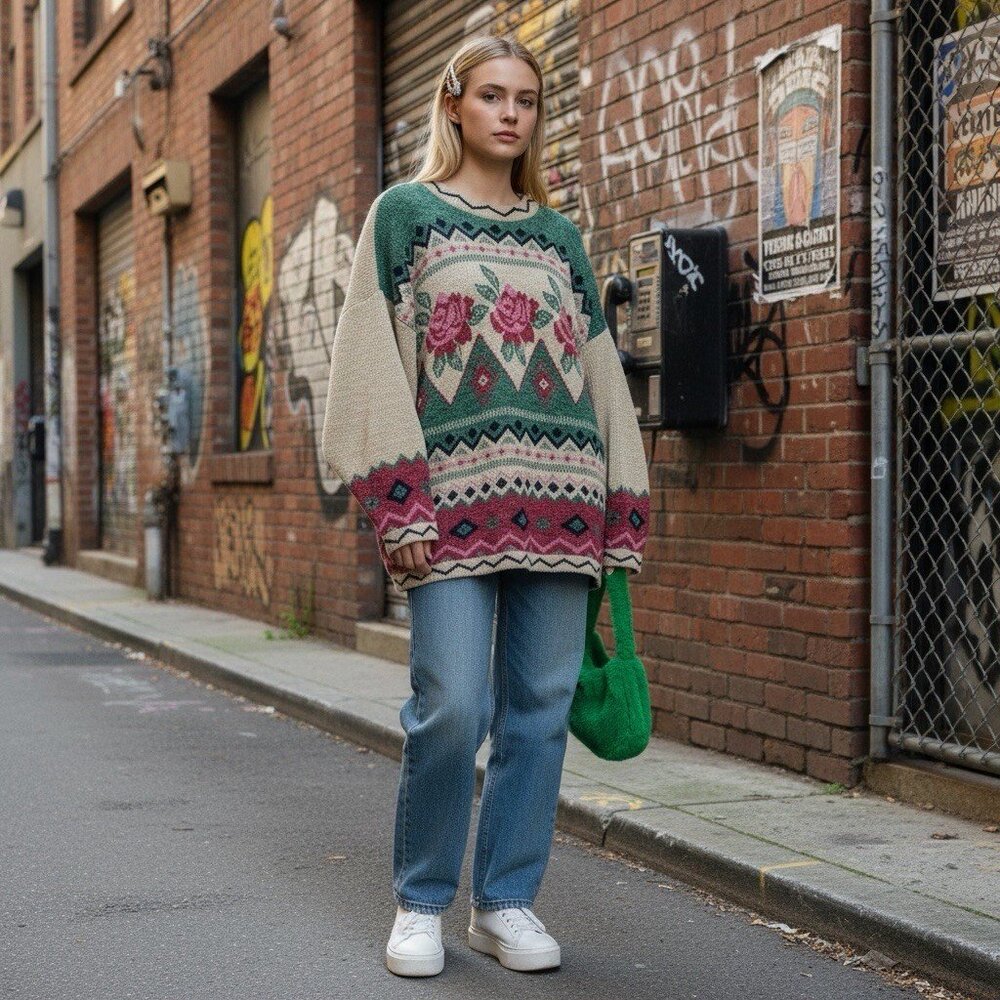 Vintage Private Eyes Floral Aztec Sweater L‎ Y2K Cottagecore Grandma Knit 80s-9